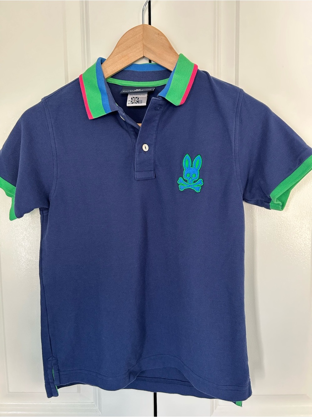 Psycho Bunny Youth Polo Shirt M 10/12 Blue Short Sleeve Pima Cotton Bunny Logo